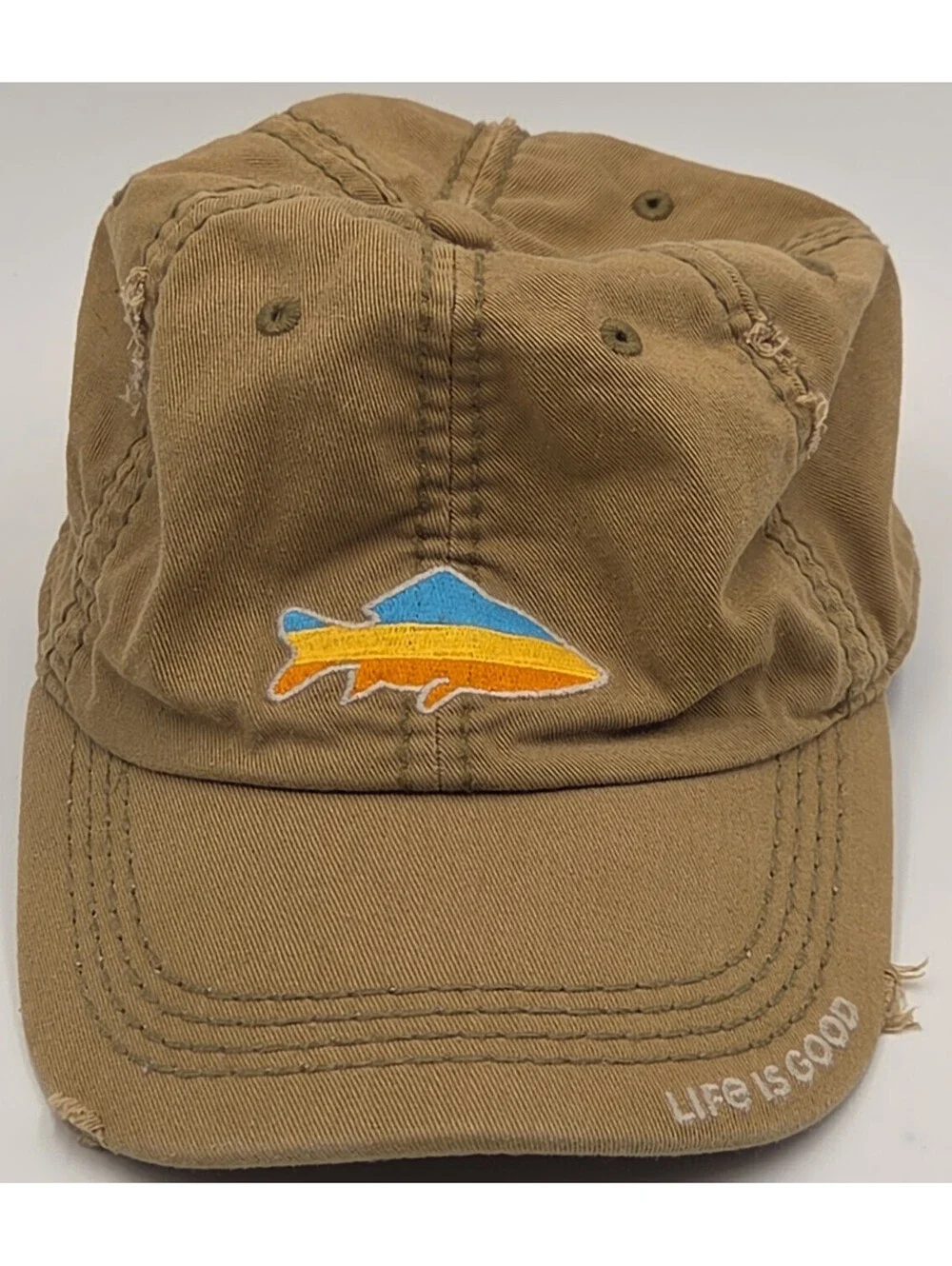 Life is Good Fish Mountain Trout Distressed Cotton Adjustable Baseball Hat
